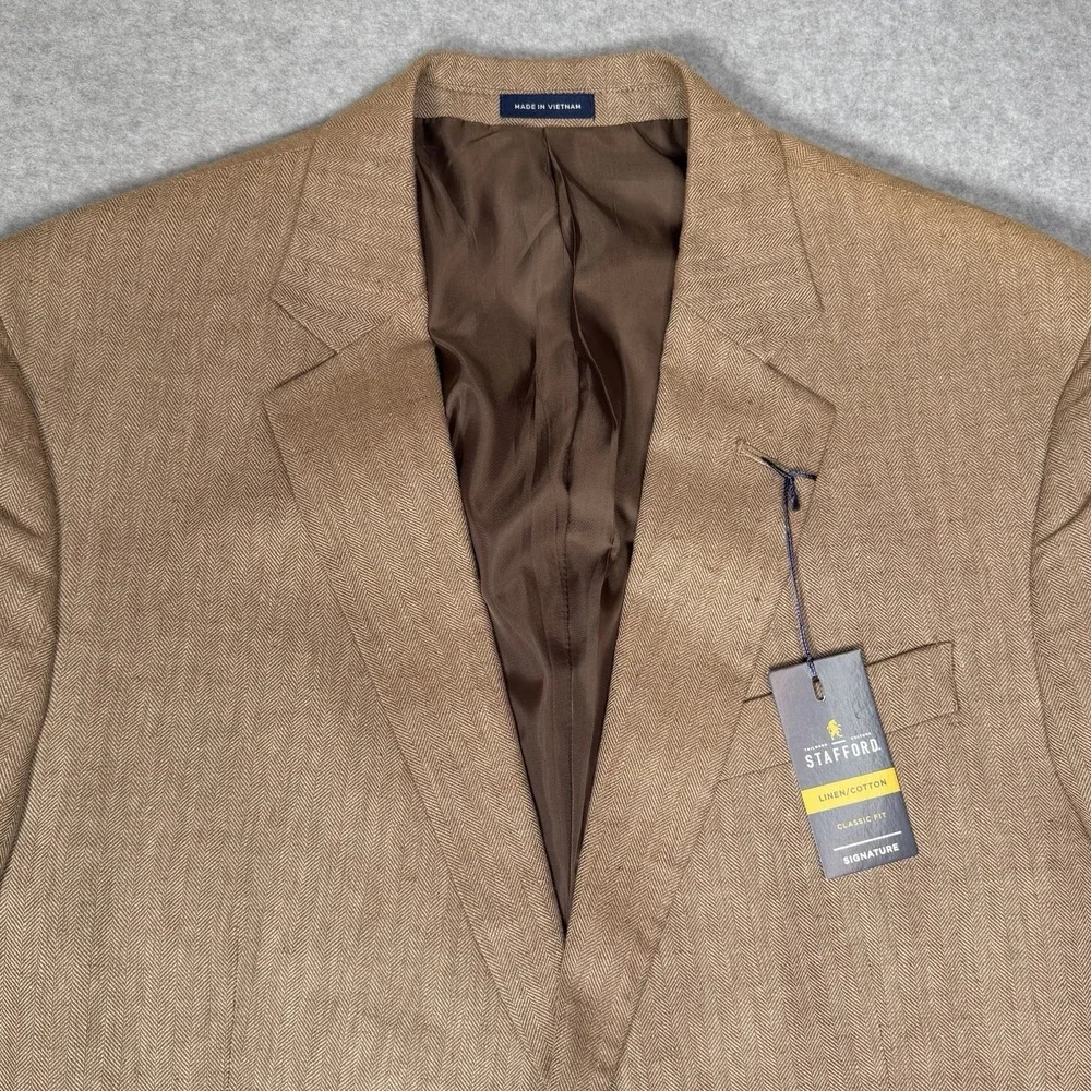 Stafford Signature Classic Brown Herringbone Linen Cotton Sport Coat Men's 44 S